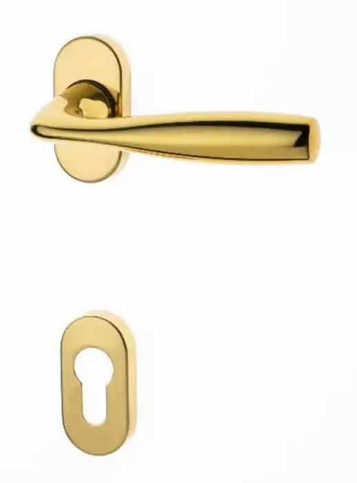 Gecertificeerd Maniglia Shark per porta interna, rosetta e bocchetta ovale foro Yale, quadro 8 mm, Zalor finitura Oro Lucido Ghi.co
