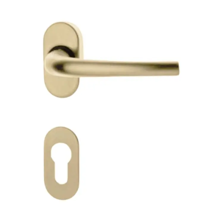 Maniglia Milena Ghidini per porta interna, rosetta e bocchetta ovale foro Yale, quadro 8 mm, Ottone finitura Satinato Premium