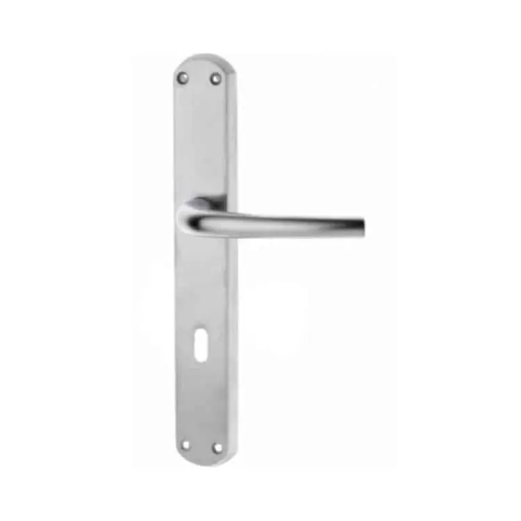 Maniglia Milena Ghidini per porta interna, placca lunga 240x38 mm, foro Patent interasse 90 mm, Ottone finitura Cromo Satinato Uitverkoop