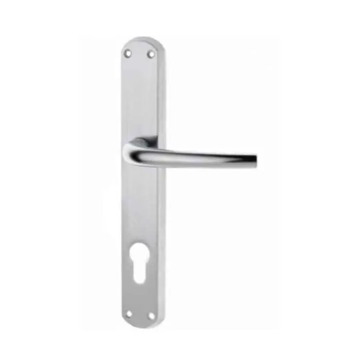 Maniglia Milena Ghidini per porta interna, placca lunga 240x38 mm, foro Yale interasse 85 mm, Ottone finitura Cromo Satinato Snelle Levering