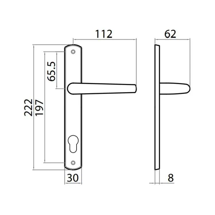 Maniglia Milena Ghidini per porta interna, placca stretta 222x30 mm, foro Yale interasse 85 mm, Ottone finitura Graffiato Verniciato Beperkt Aanbod