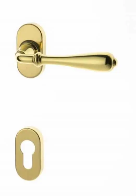 Maniglia Novecento Ghidini per porta interna, rosetta e bocchetta ovale foro Yale, quadro 8 mm, Ottone finitura Lucido Verniciato Must-Have