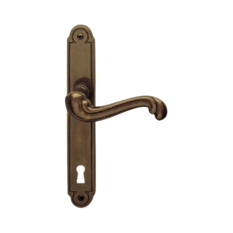 Maniglia Barocco Ghidini per porta, placca lunga 220x36 mm, foro Patent interasse 70 mm, quadro 8 mm, Ottone finitura Brunito Opaco Seizoensaanbieding