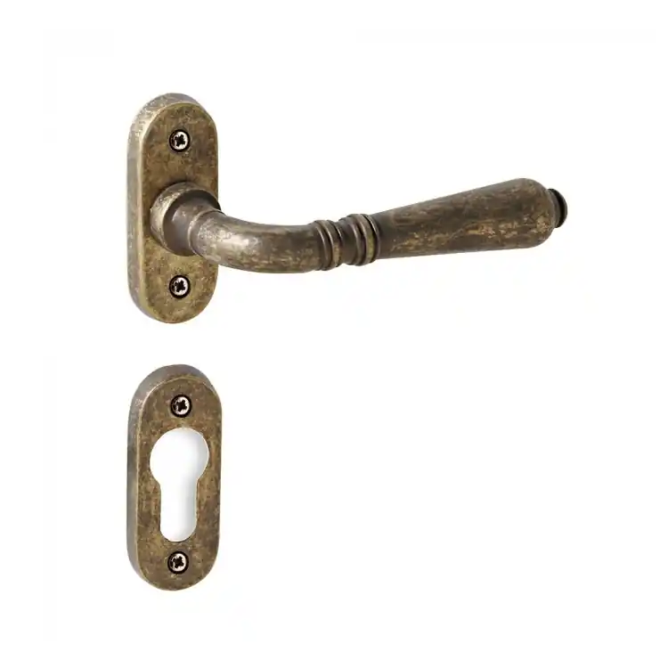 Beste Prijs Maniglia Ginevra 040/202 Reguitti per porta, rosetta ovale 67x27 mm e bocchetta foro Yale, finitura Ottone Antico Antigerm