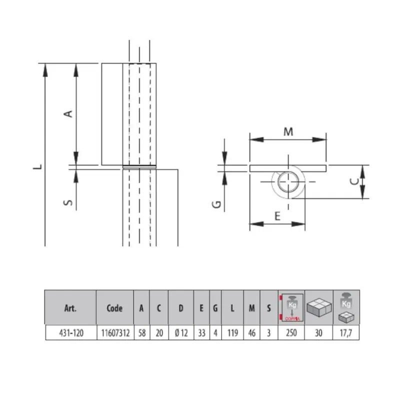 Beste Prijs Cerniera 2 ali 431-120 Comunello per serramento in metallo, a saldare, perno sfilabile, lunghezza 119 mm, finitura Grezzo