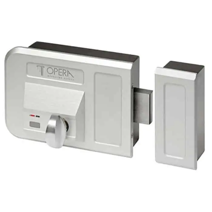 Voordeelprijs Elettroserratura per cancello 28002.2 Opera, entrata regolabile 50-70 mm, versione Sinistra, con pomolo interno, finitura Acciaio Inox