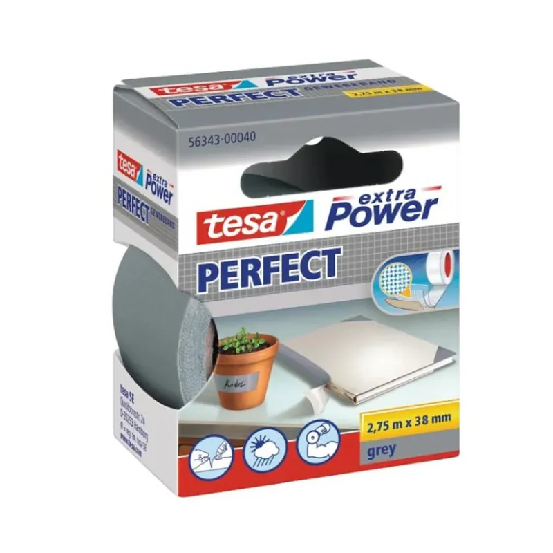 Nastro adesivo telato plastificato Extra Power Tesa per elevato potere adesivo, dimensione 38 mm, lunghezza 2,75 m, Gomma Naturale finitura Grigio Snelle Levering