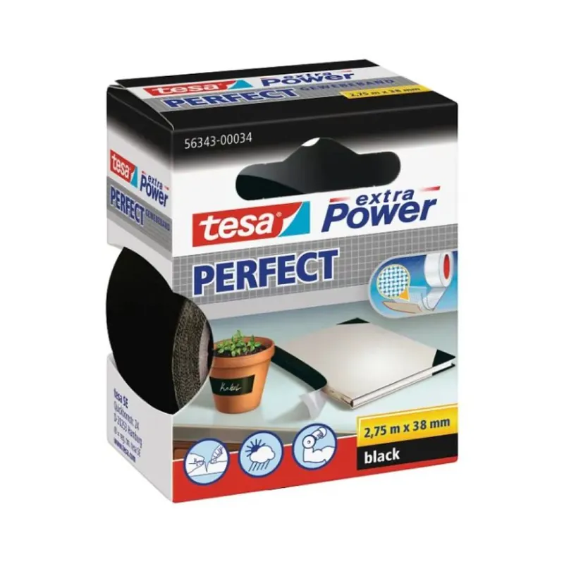 Nastro adesivo telato plastificato Extra Power Tesa per elevato potere adesivo, dimensione 38 mm, lunghezza 2,75 m, Gomma Naturale finitura Nero Direct Beschikbaar