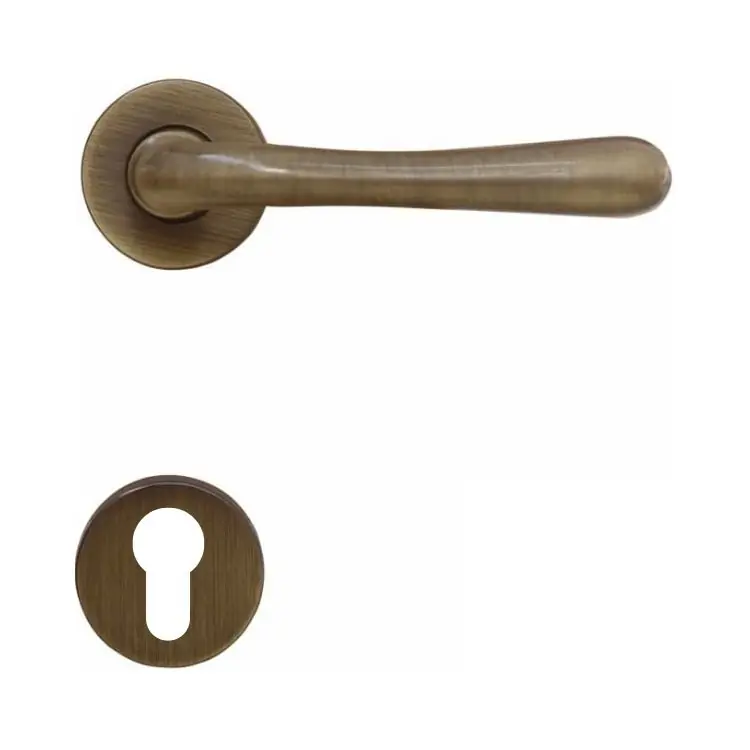 Maniglia Uno per porta interna, rosetta e bocchetta tonda foro Yale, quadro 8 mm, Ottone finitura Graffiato Verniciato Gecertificeerd