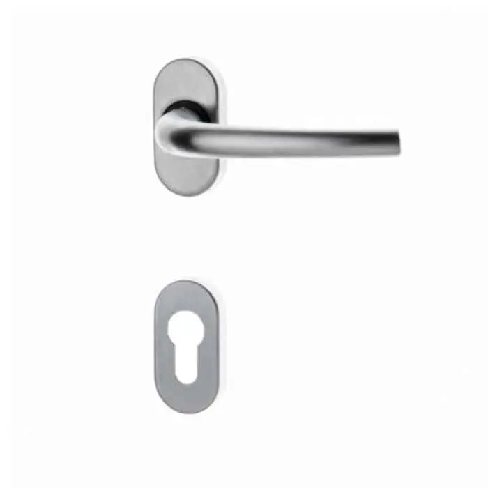 Maniglia Happy 3 per porta, rosetta e bocchetta ovale 62x32 mm, foro Yale, quadro 8 mm, Zalor finitura Cromo Satinato Direct Verzonden