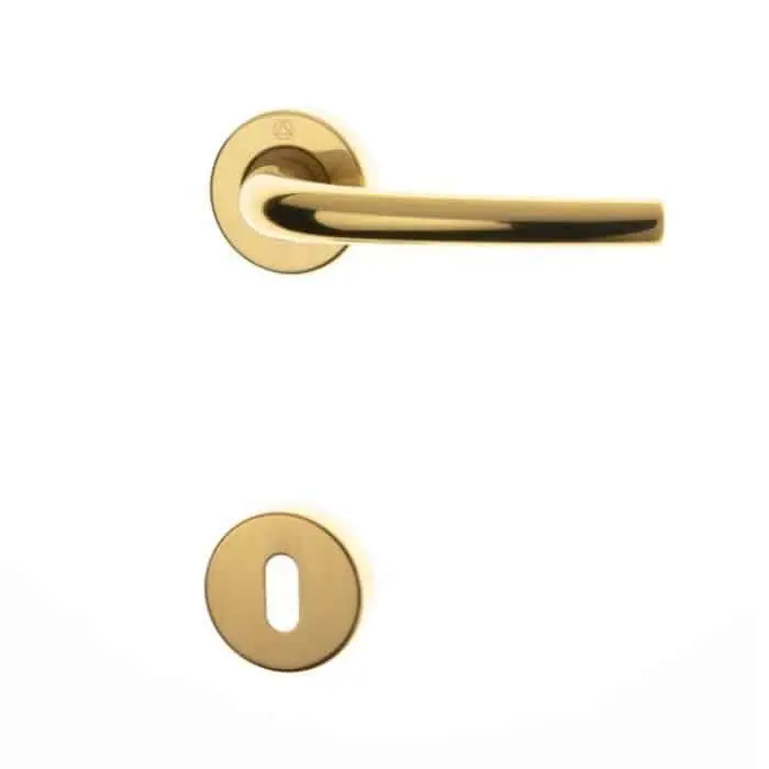 Rechtstreeks Van De Fabrikant Maniglia Happy 3 per porta, rosetta e bocchetta tonda 45 mm, foro Patent, quadro 8 mm, Zalor finitura Oro Lucido Chi.co
