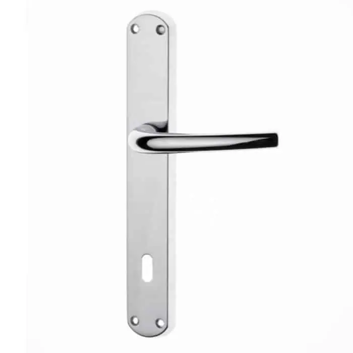 Uitverkoop Maniglia Happy 3 per porta interna, placca lunga 228x42 mm, foro Patent interasse 90 mm, quadro 8 mm, Zalor finitura Cromo Lucido