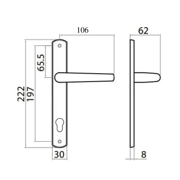 Maniglia Happy 3 per porta interna, placca stretta 222x30 mm, foro Yale interasse 85 mm, quadro 8 mm, Zalor finitura Oro Lucido Ghi.co Direct Verzonden