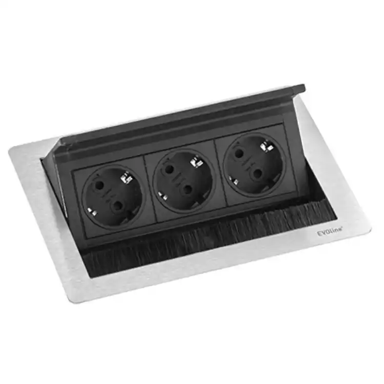Multipresa da tavolo a scomparsa EVOline FlipTop Push S, a incasso, 3 prese Shuko e passacavi, finitura Acciaio Inox Op = Op