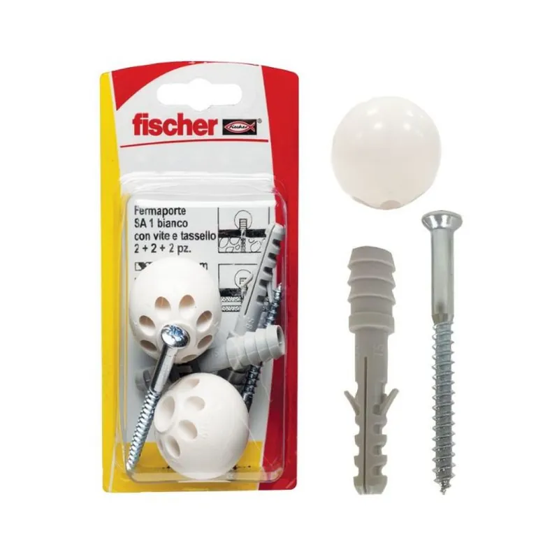 Premium Blister 2 Fermaporta sfera SA1N K Fischer da terra per interni/esterni, diametro tassello 8 mm con vite 5,5x65 mm, Gomma finitura Bianca