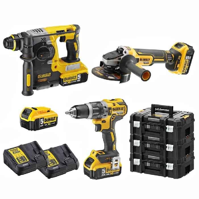 Gecertificeerd Kit trapano percussione DCD796P2 Dewalt + tassellatore Sds Plus DCH273P2T + smerigliatrice DCG405NT, 4 batterie XR 18 V 5,0 Ah