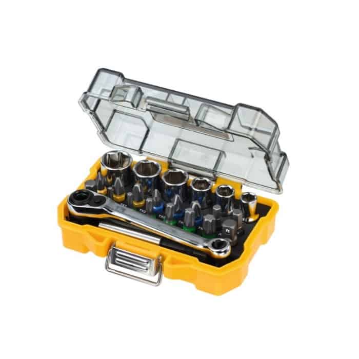 Alleen Vandaag Set per avvitatore Dewalt con bussole, adattatore, porta inserti e cricchetto, 24 inserti, dimensioni 25 mm