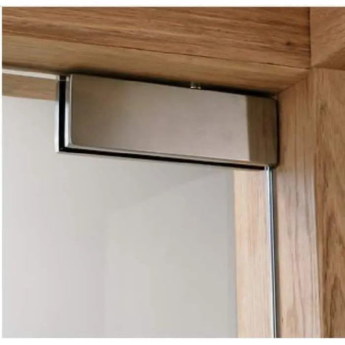 Cerniera superiore PT20 Universal Light Dormakaba con inserto, per porta in vetro spessore 10-12 mm, finitura Acciaio Inox Satinato Bestel Nu