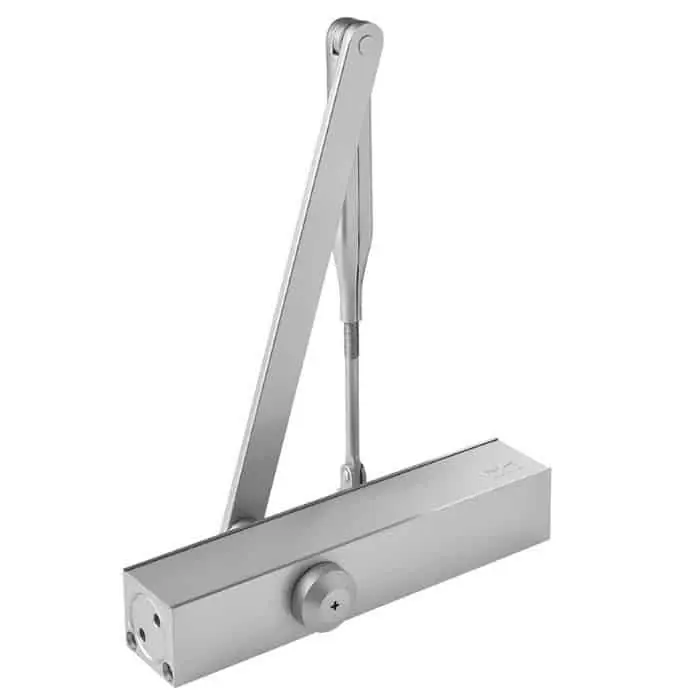 Chiudiporta aereo a molla TS 79 Dormakaba per porta battente, forza di chiusura EN 2-4, braccio a V standard, finitura Argento Veilige Betaling