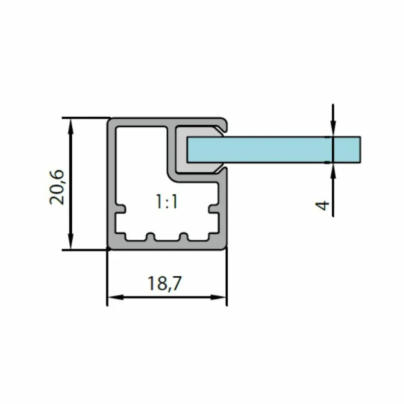 Nu Kopen Profilo in allumino SAS001 Alu-Style per ante su misura, dimensione 20,6x18,7 mm, guarnizione per vetro da 4 mm, materiale Alluminio