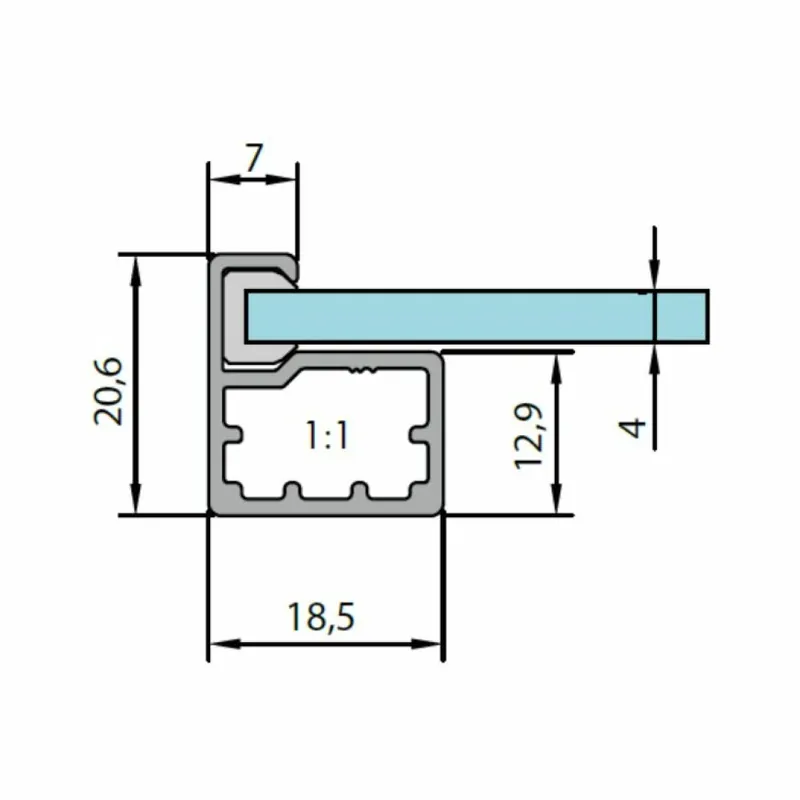 Bestseller Profilo in allumino SAS099 Alu-Style per ante su misura, dimensione 20,6x18,5 mm, guarnizione per vetro da 4 mm, materiale Alluminio