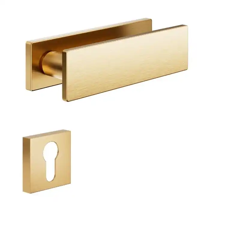 Maniglia Due DND DU11Y per porta, rosetta rettangolare 146x40x9 mm, foro Yale, Ottone finitura Oro Antico Satinato Hete Deal