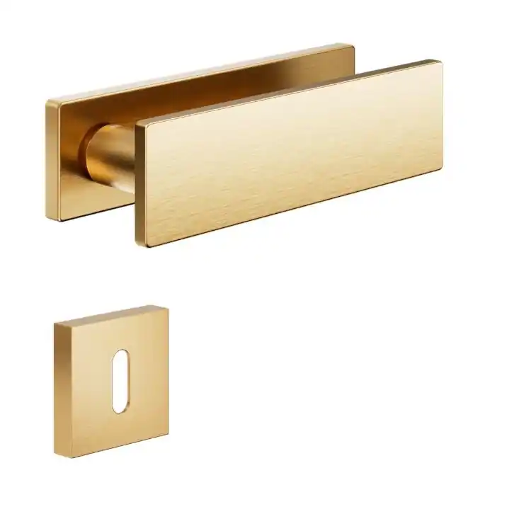 Maniglia Due DND DU11P per porta, rosetta rettangolare 146x40x9 mm, foro Patent, Ottone finitura Oro Antico Satinato Op = Op