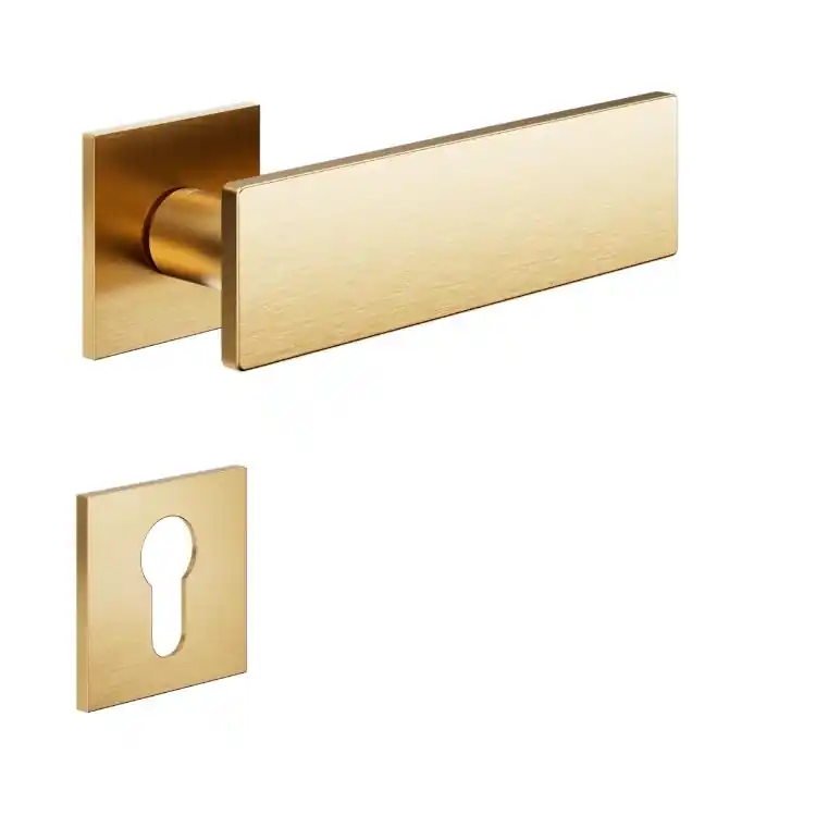 Maniglia Due DND DU41Y per porta, rosetta e bocchetta quadra 50x4 mm, foro Yale, Ottone finitura Oro Antico Satinato Laatste Kans