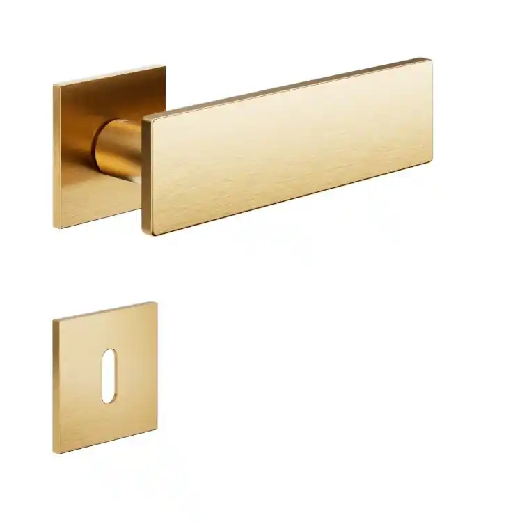 Maniglia Due DND DU41P per porta, rosetta e bocchetta quadra 50x4 mm, foro Patent, Ottone finitura Oro Antico Satinato Beperkte Voorraad