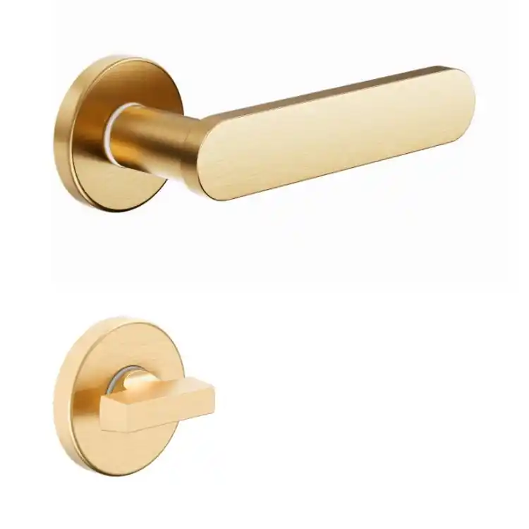 Korting Maniglia Short DND SH12T per porta, rosetta e bocchetta tonda 50x7 mm con nottolino Wc, Ottone finitura Oro Antico Satinato