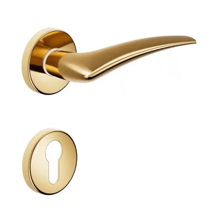 Laatste Versie Maniglia Linear DND LI12Y per porta, rosetta e bocchetta tonda 50x7 mm foro Yale, Ottone finitura Oro Antico Satinato