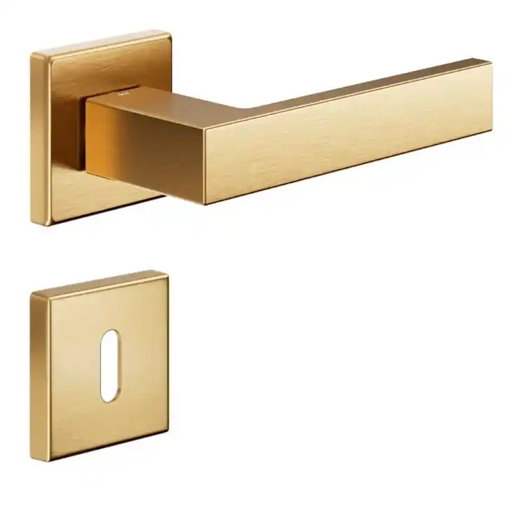 Laatste Kans Maniglia Edra 02 DND ED14P per porta, rosetta e bocchetta quadra 50x7 mm, foto Patent Ottone finitura Oro Antico Satinato