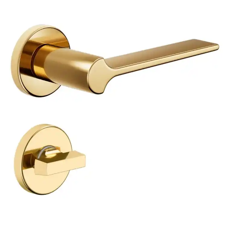 Merkproduct Maniglia Ginkgo DND GK12T per porta, rosetta e bocchetta tonda 50X7 mm con nottolino Wc, Ottone finitura Oro Antico Lucido