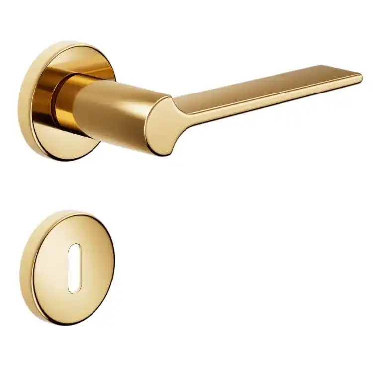 Maniglia Ginkgo DND GK12P per porta, rosetta e bocchetta tonda 50X7 mm, foro Patent Ottone finitura Oro Antico Lucido Speciale Aanbieding