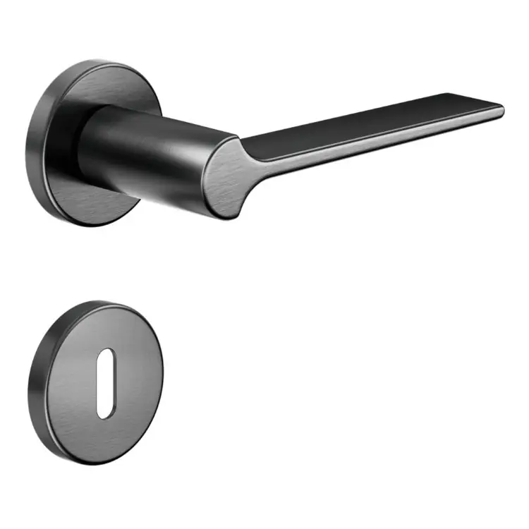 Maniglia Ginkgo DND GK12P per porta, rosetta e bocchetta tonda 50x7 mm foro Patent, Ottone PVD finitura Grafite Satinato Nieuw