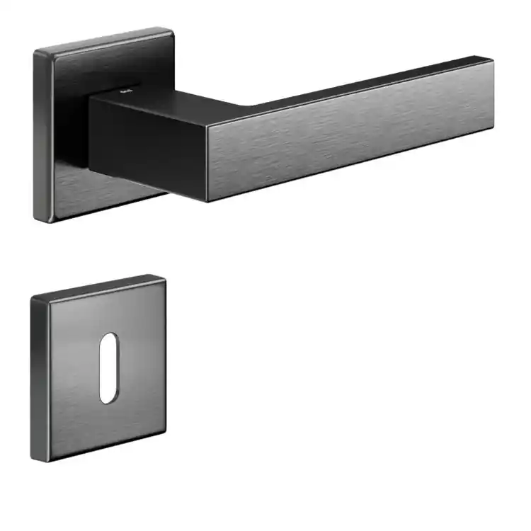 Maniglia Edra 02 DND ED14 per porta, rosetta e bocchetta quadra 50x7 mm foro Patent, Ottone PVD finitura Grafite Satinato Snelle Levering