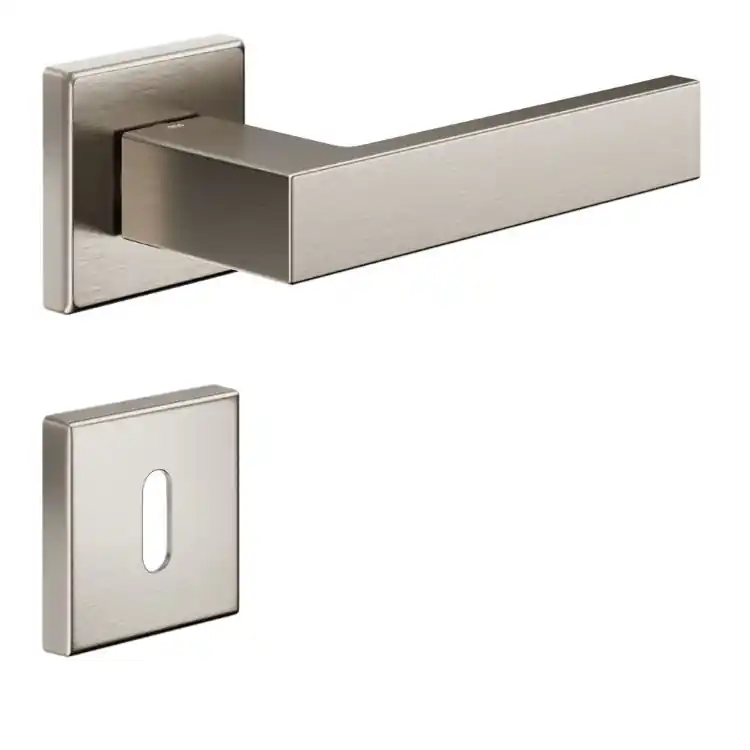 Must-Have Maniglia Edra 02 DND ED14P per porta, rosetta e bocchetta quadra 50x7 mm, foto Patent Ottone finitura Nickel Satinato