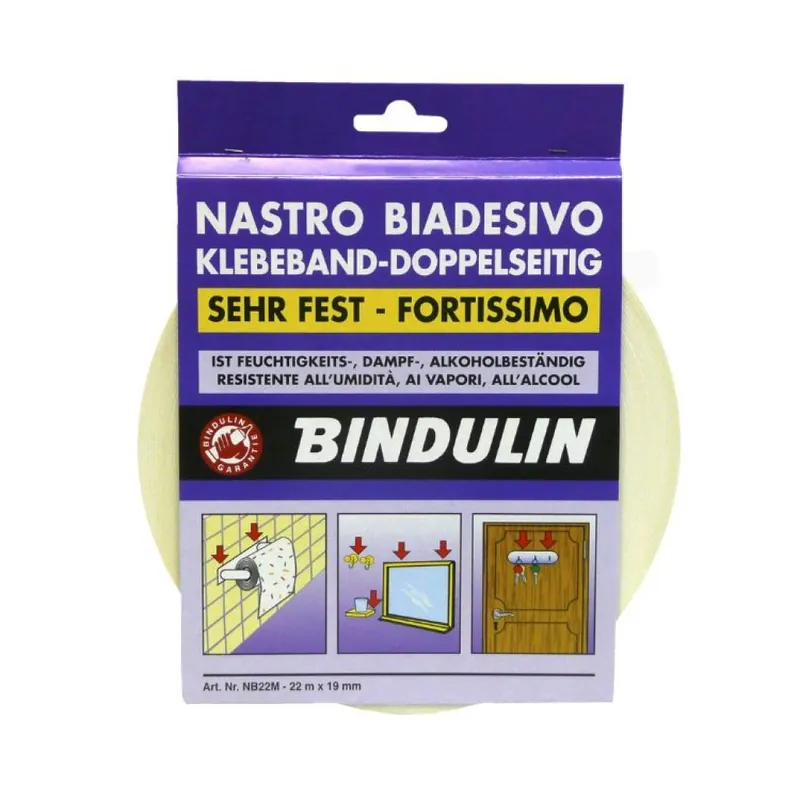 Korting Nastro biadesivo NB22M Bindulin per fissaggio Forte, resistente all‘ acqua, dimensione 19 mm x 22 m, Schiuma Pe finitura Bianco