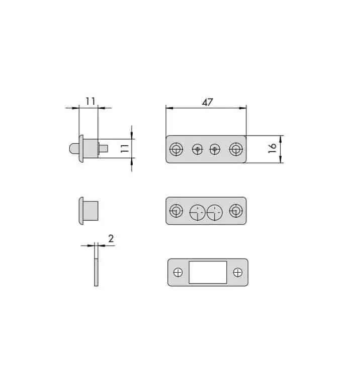 Voordeelprijs Coppia contatti cisa, in nylon, per serratura in alluminio elettrica, dimensione 47x16 mm, completa di spessori 2 e 5 mm