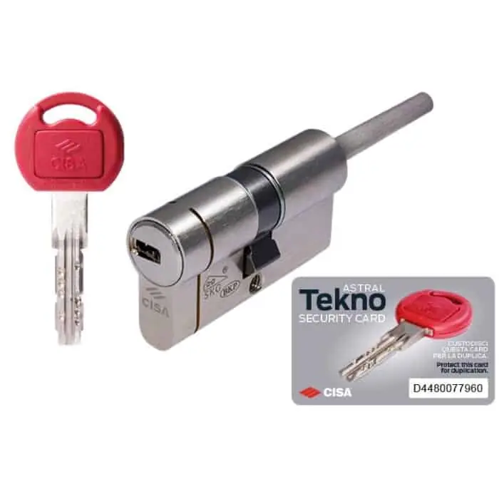 Koopje Doppio cilindro a profilo Europeo Cisa serie Astral Tekno 0M3T7.87, gambo pomolo rasabile, lunghezza 89 mm, finitura Ottone Nichelato