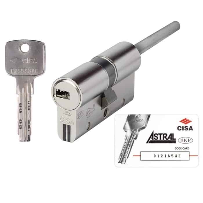 Doppio cilindro a profilo Europeo Cisa serie Astral S 0A3S7.12, gambo pomolo rasabile, lunghezza 69 mm, finitura Ottone Nichelato Exclusieve Aanbieding