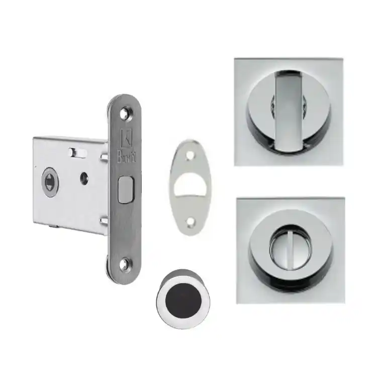 Laatste Kans Kit per porta scorrevole Open Colombo design, maniglie quadre ad incasso, con nottolino, maniglietta di trascinamento, serratura E 50 mm, finitura cromo