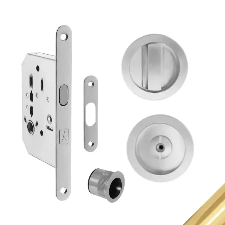 Kit tondo B70 Bonaiti per porta scorrevole, chiavistello e bottone con serratura entrata 50 mm, finitura Ottone Lucido Verniciato Betrouwbaar