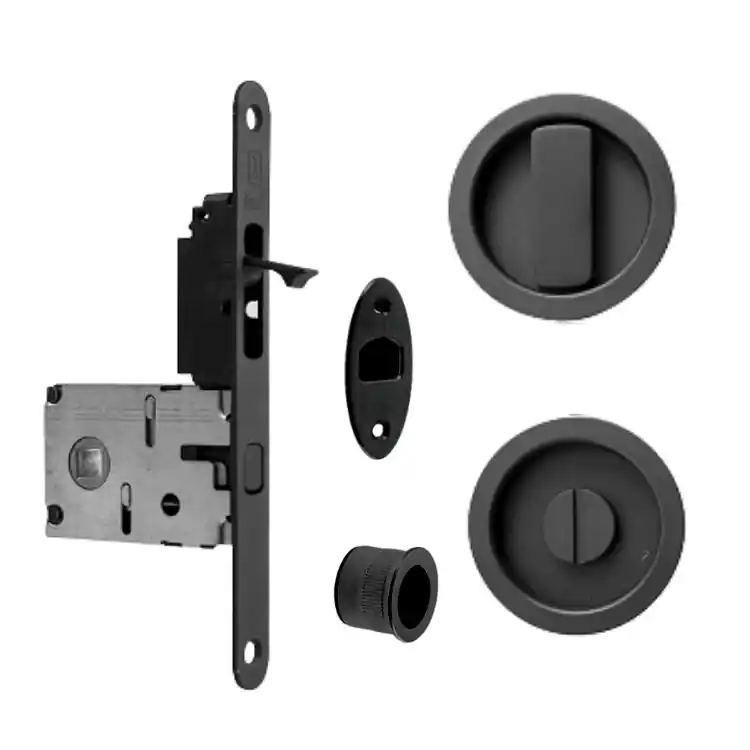 Veilige Betaling Kit tondo TNEWK Ad-Point per porta scorrevole, chiavistello e bottone con tirante integrato, serratura entrata 50 mm, Acciaio finitura Nero Opaco