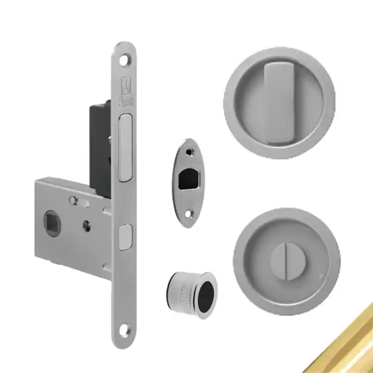 Direct Beschikbaar Kit tondo TOLW1 Ad-Point per porta scorrevole, chiavistello e bottone con tirante integrato, serratura entrata 50 mm, Acciaio finitura Ottonato Lucido