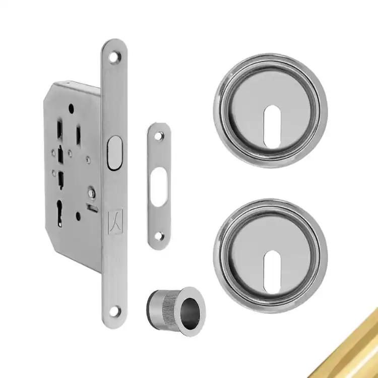 Merkproduct Kit tondo TOLP1V Ad-Point per porta scorrevole, con serratura e maniglietta, foro Patent, entrata 50 mm, Acciaio finitura Ottonato Lucido