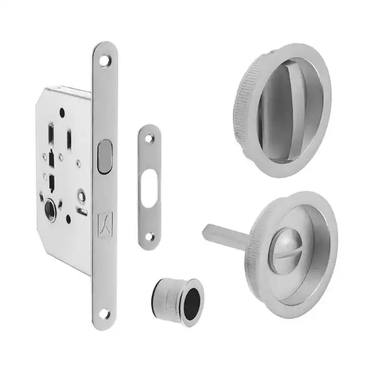Kit tondo BON Bonaiti per porta scorrevole, chiavistello e bottone con serratura entrata 50 mm, finitura Cromato Satinato Voordeelprijs