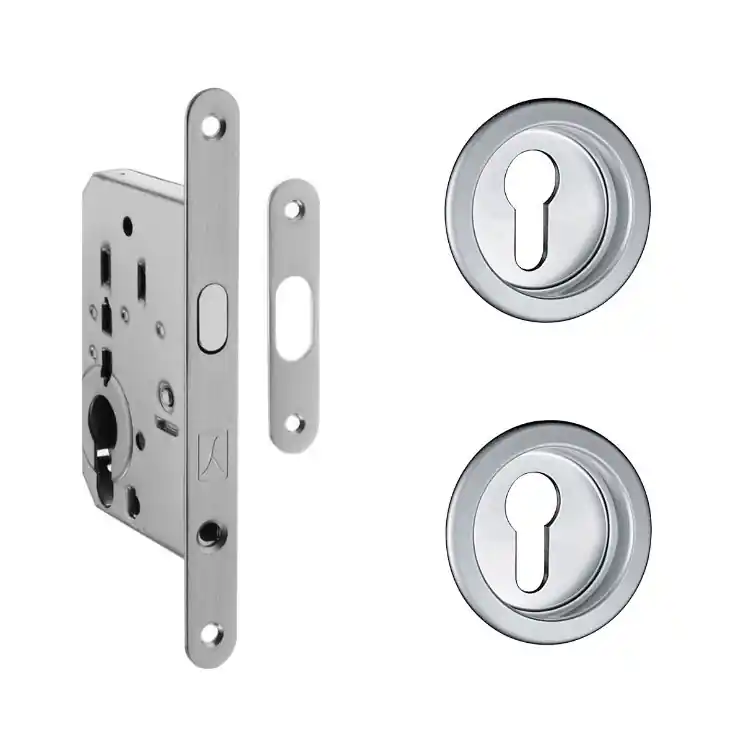 Kit tondo TCSY8V Ad-Point per porta scorrevole, con serratura e maniglietta, foro Yale, entrata 50 mm, Acciaio finitura Cromato Satinato Flitsaanbieding