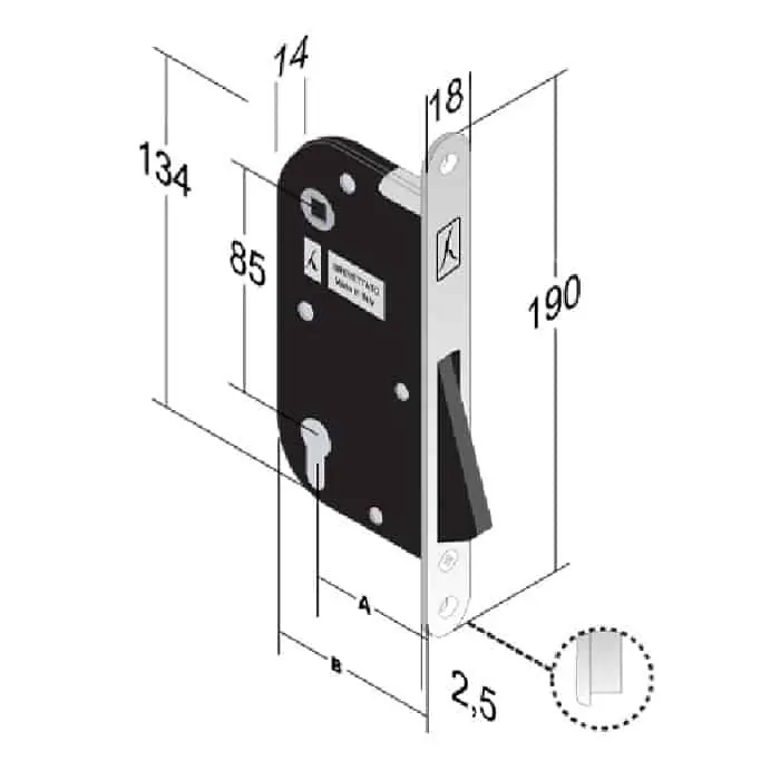 Direct Beschikbaar Serratura magnetica B-One 909 Bonaiti per porta, foro Yale, entrata 50 mm, frontale 190x18 mm, finitura Ottonato Lucido