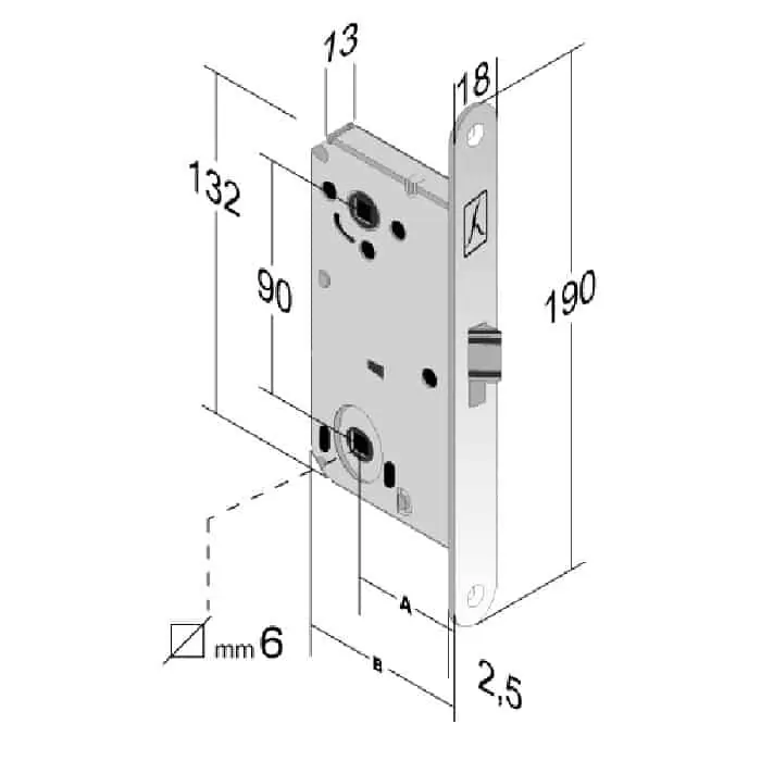 Populair Serratura meccanica B-Split P51 Bonaiti per porta Bagno/WC, entrata 50 mm, frontale 190x18 mm, finitura Ottonato Lucido